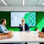 A diverse group of professional individuals, fully clothed in modern business attire, collaborating in a vibrant, sunlit cultural planning agency office in Amsterdam. The background features subtle digital art installations and green, sustainable design elements. They are engaged in an energetic discussion, gesturing towards a large screen displaying abstract future project concepts. Perfect anatomy, correct proportions, natural poses, well-formed hands, proper finger count, natural body proportions. High-resolution, professional photography, natural lighting. Safe for work, appropriate content, fully clothed, professional.