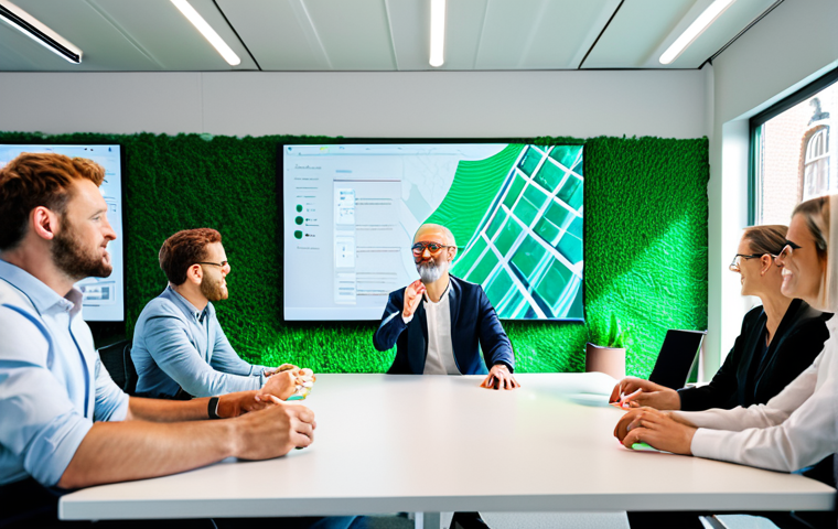 A diverse group of professional individuals, fully clothed in modern business attire, collaborating in a vibrant, sunlit cultural planning agency office in Amsterdam. The background features subtle digital art installations and green, sustainable design elements. They are engaged in an energetic discussion, gesturing towards a large screen displaying abstract future project concepts. Perfect anatomy, correct proportions, natural poses, well-formed hands, proper finger count, natural body proportions. High-resolution, professional photography, natural lighting. Safe for work, appropriate content, fully clothed, professional.